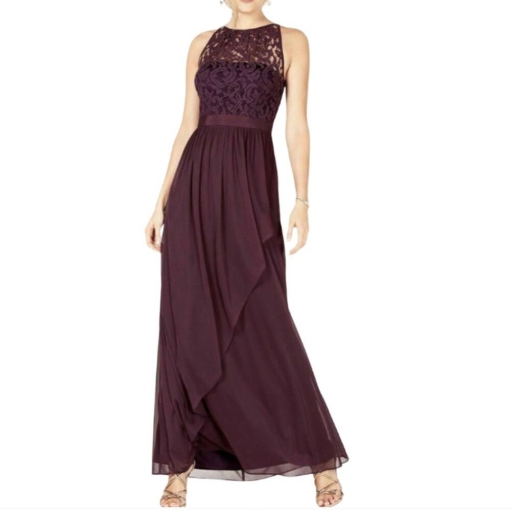 Adrianna Papell purple sleeveless maxi lace bodice formal dress sz 2